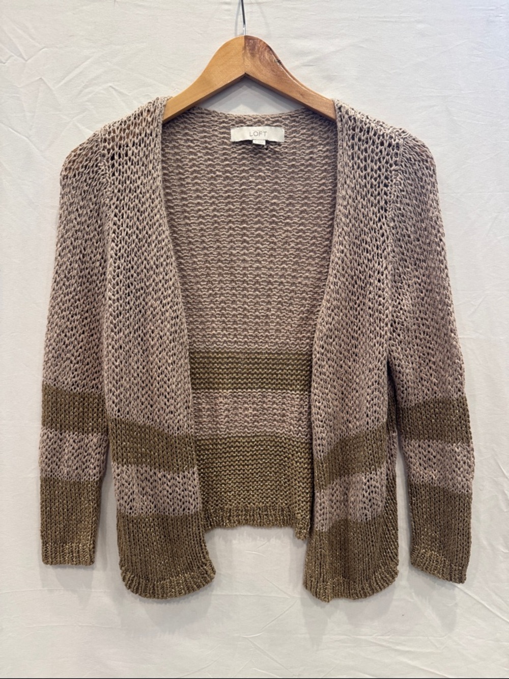 LOFT Taupe & Olive Metallic Gold Open-Front Knit Cardigan